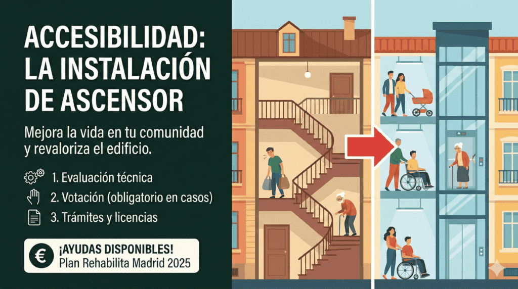 Infografía sobre accesibilidad con ascensor y ayudas disponibles.