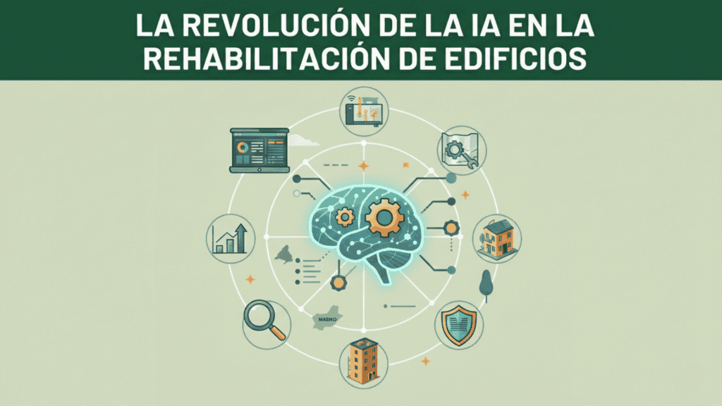 IA en rehabilitación de edificios, gráficos y cerebro.