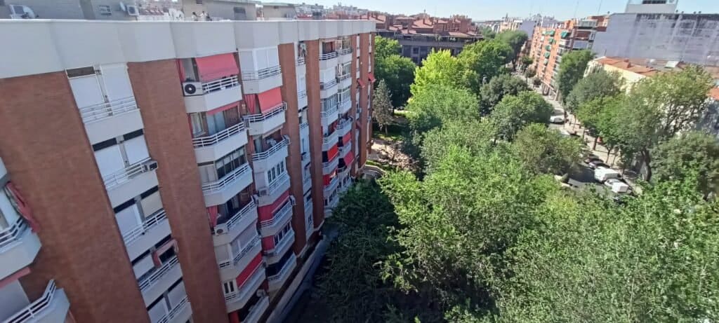 Vista de edificio y árboles urbanos